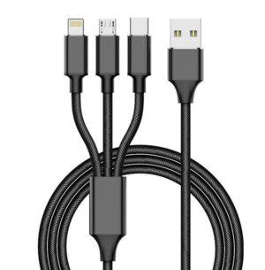 1M USB 3-in-1 Multi Charger Cable with Metal Plug + Cotton Braided